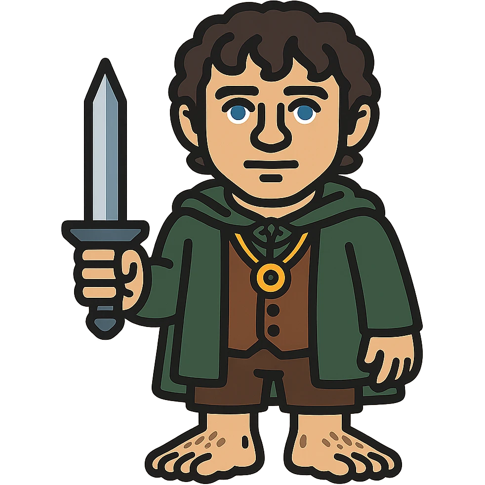 Whole body image of Frodo Baggins from the lord of the rings movie in pixel art style. Make Frodo look like the actor that portrayed him in the movie, Elijah Wood, blue eyes and dark curly hair. Frodo is wearing the same green elven cloak with the leaf buckle, brown vest, cream undershirt, dark brown leather short pants, and hairy hobbit feet. He is wearing a golden yellow ring on a necklace. he's also holding the same blue sword that bilbo is holding in the reference image. emoji