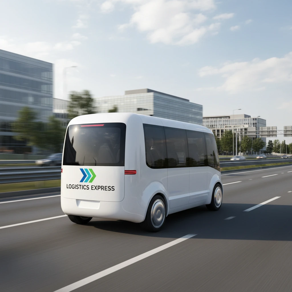 white modern cargo minibus for delivering small cargo. logistics service. the car is driving on the highway. rear side view emoji