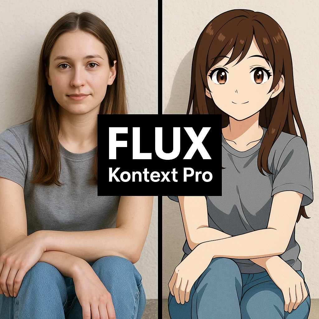 create before after image of a girl before is realsitic photo, after is anime version of her in same pose and clothes, add logo with text of a "FLUX Kontext Pro" in middle in big, black background emoji