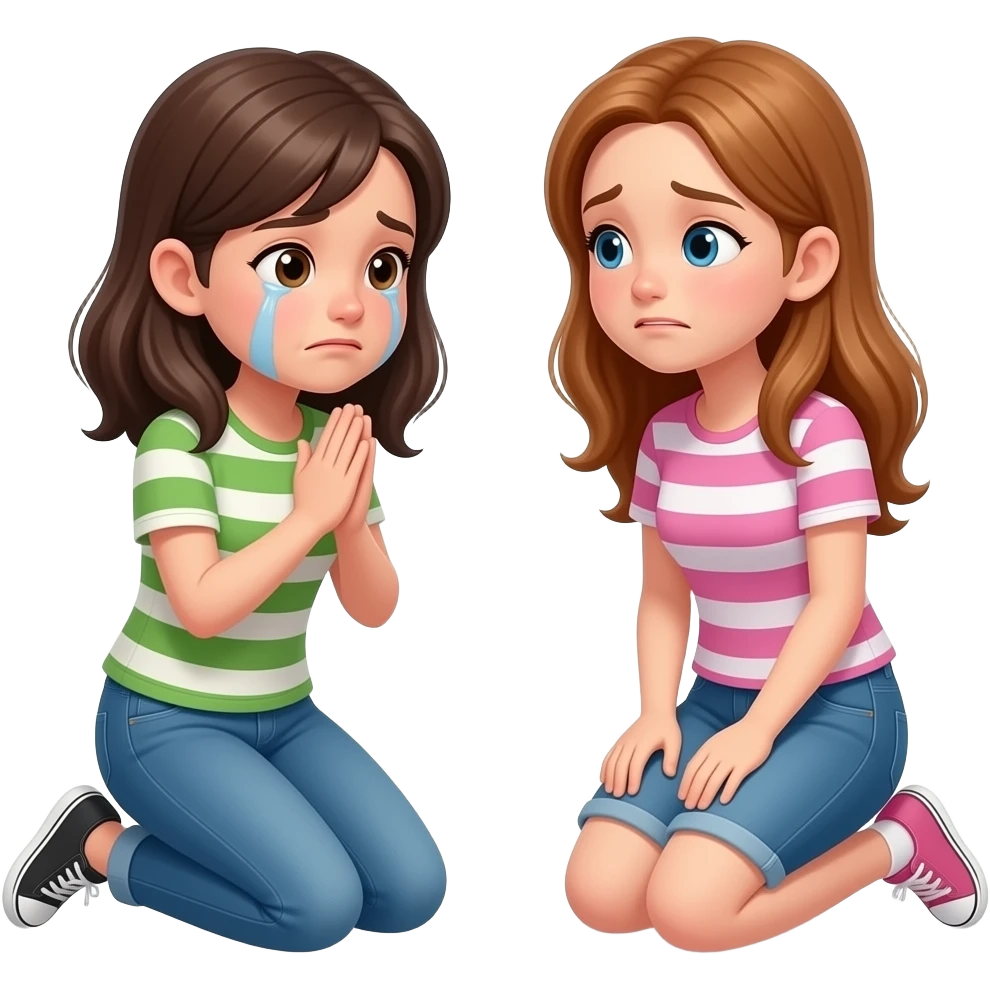 a girl teared eyes kneeling on knees saying sorry to another girl emoji