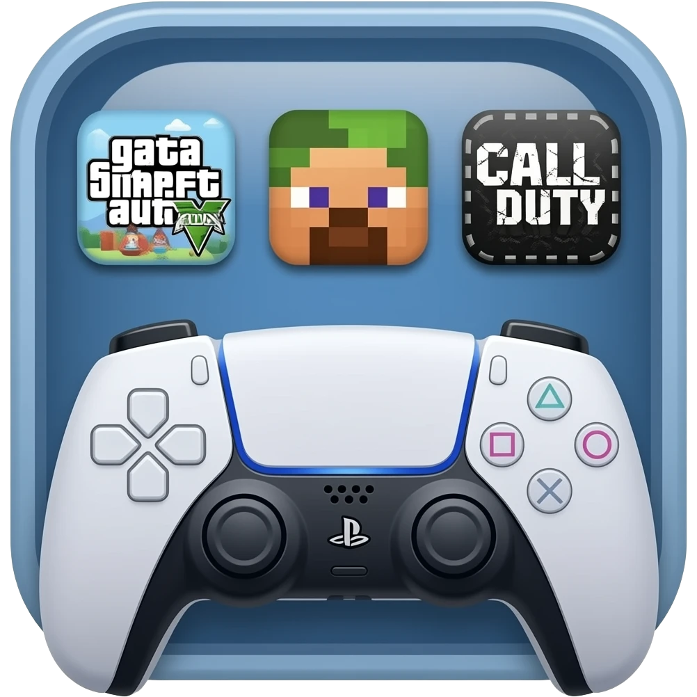 icone avec a l interieur des icone de jeu gta minecraft call off et une mannette ps5 devant emoji