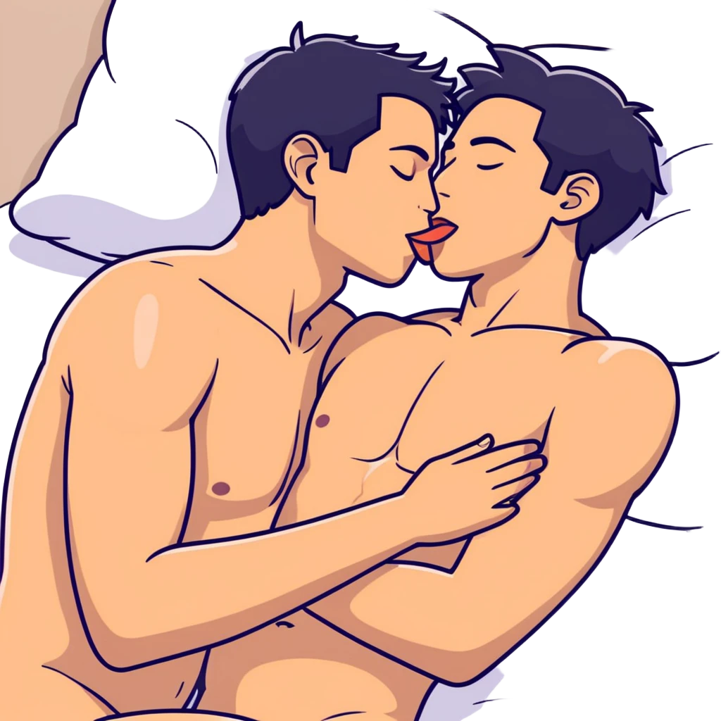 I398.67(((White adult male dark hair))) ,(((Dark skin  adult male))), naked, ((( sexual touching genitals))) , intercourse,spooning, kissing eyes closed tongue open mouth ,penis view, erotic rubbing body, sucking  emoji