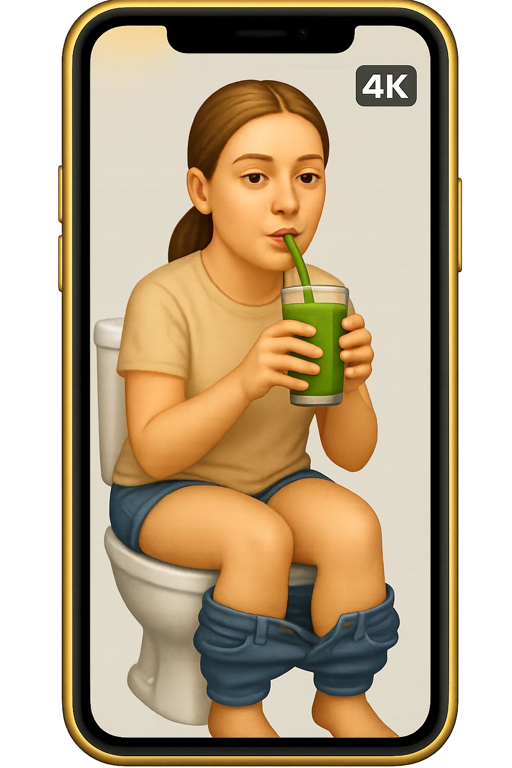 emoji stile iphone di una donna seduta sul wc che beve uno smoothies verde, iperrealistico 4k emoji