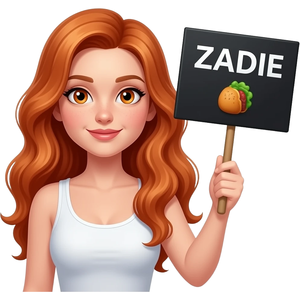 sexy girl with long wavy ginger hair and ginger eyes wearing a white tanktop is holding a black colored sign with ZADIE  🥨 written on it emoji