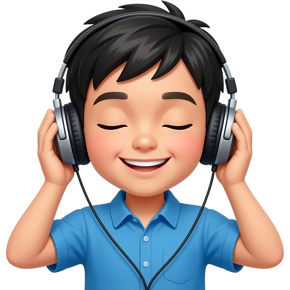 fair skinned asian boy with blue shirt and black hair, is using headphones and listening to music, his eyes are closed and he is smiling emoji
