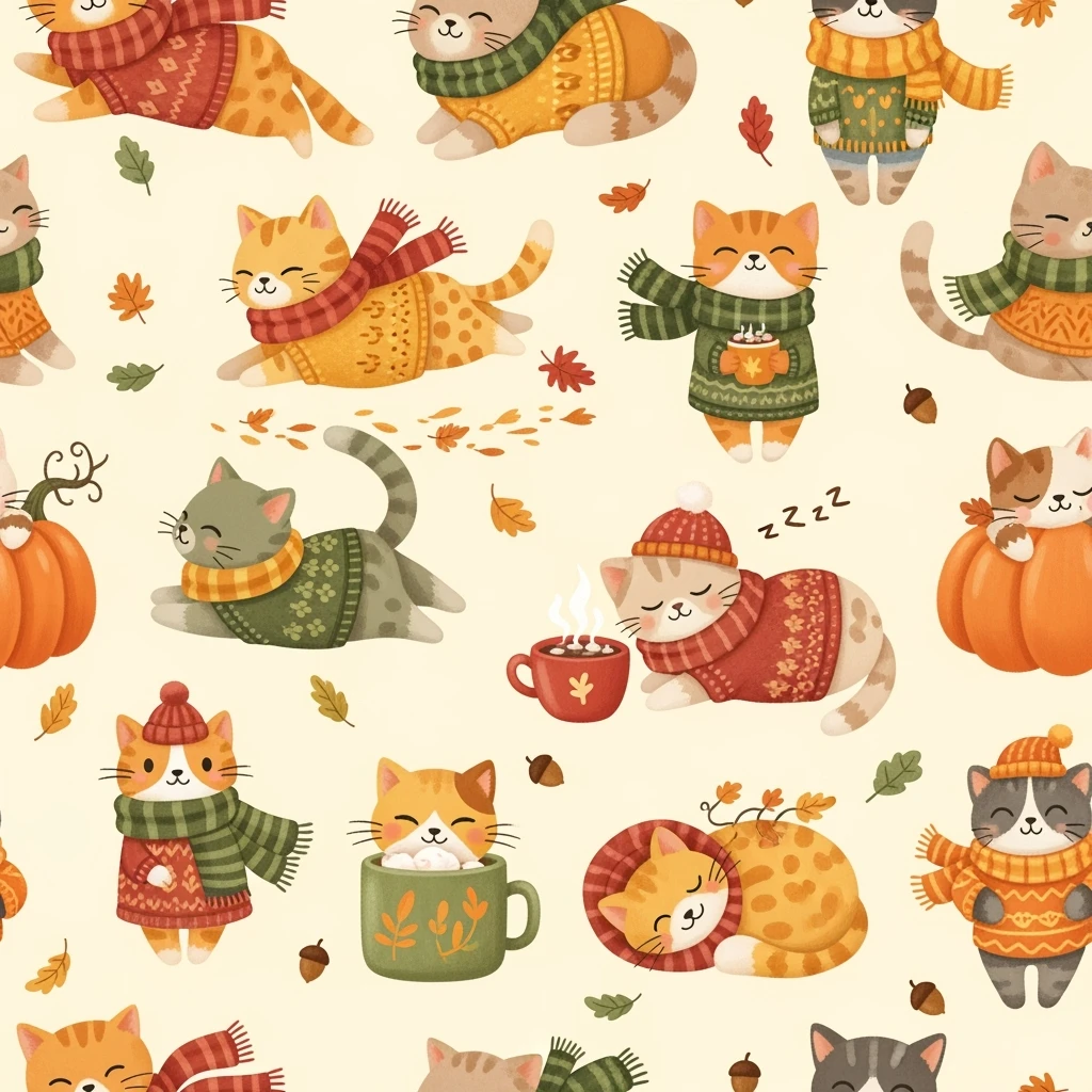 cute cats in scarves and sweaters, seamless pattern, autumn colors, warm and cozy vibe, playful cartoon style emoji