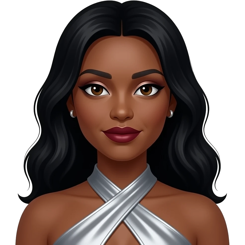 Dawn Richards from dark skin, dark brown eyes, long black hair, silver eyeshadow, dark red lipstick, silver metallic halter dress, silver earrings emoji
