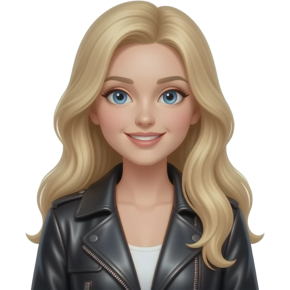 jeune femme blonde, yeux bleus, sourire, rêveuse, cheveux longs très lisses, belle, manteau cuir élégant emoji