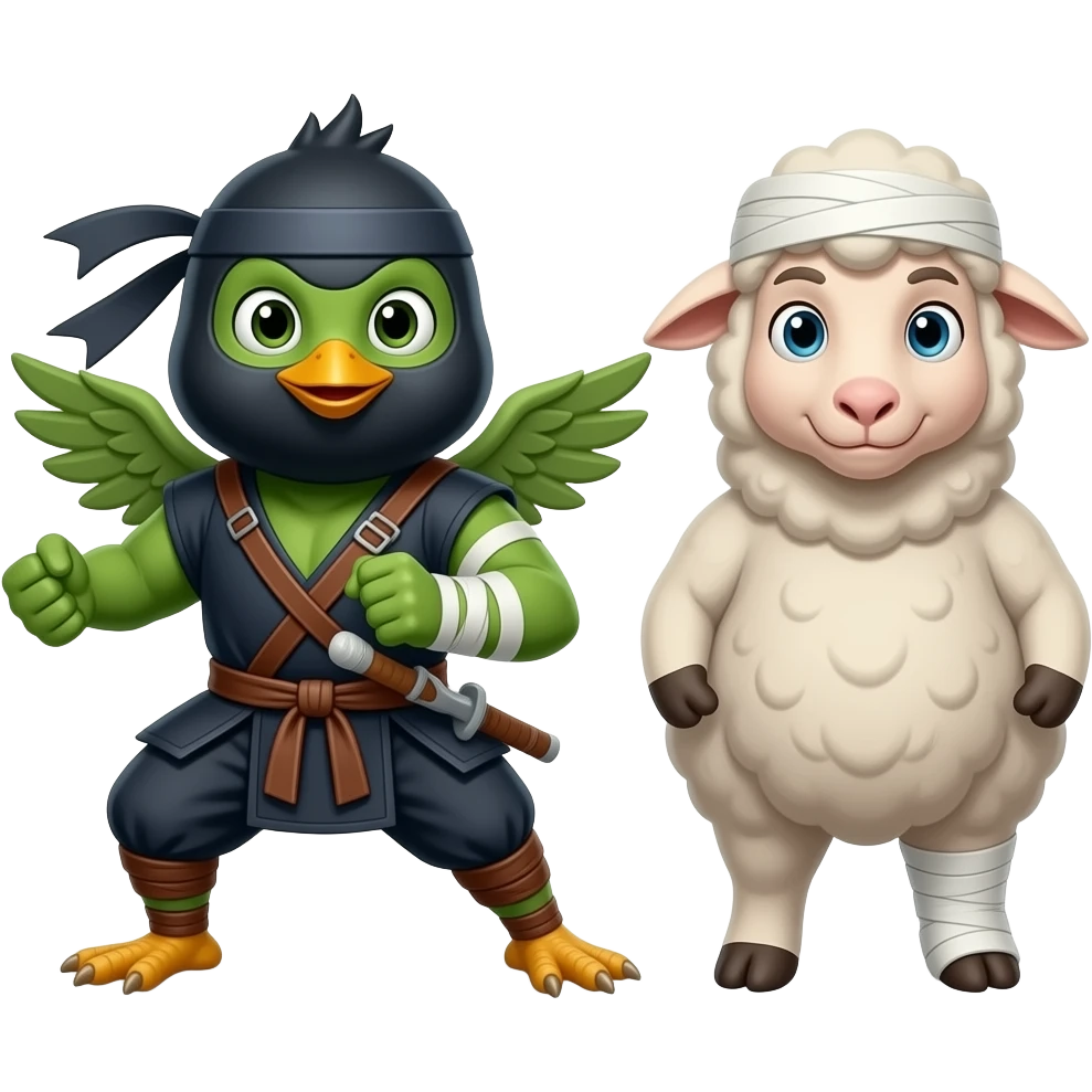 Ninja Chick with wing bandage fights with lamb with leg cast emoji