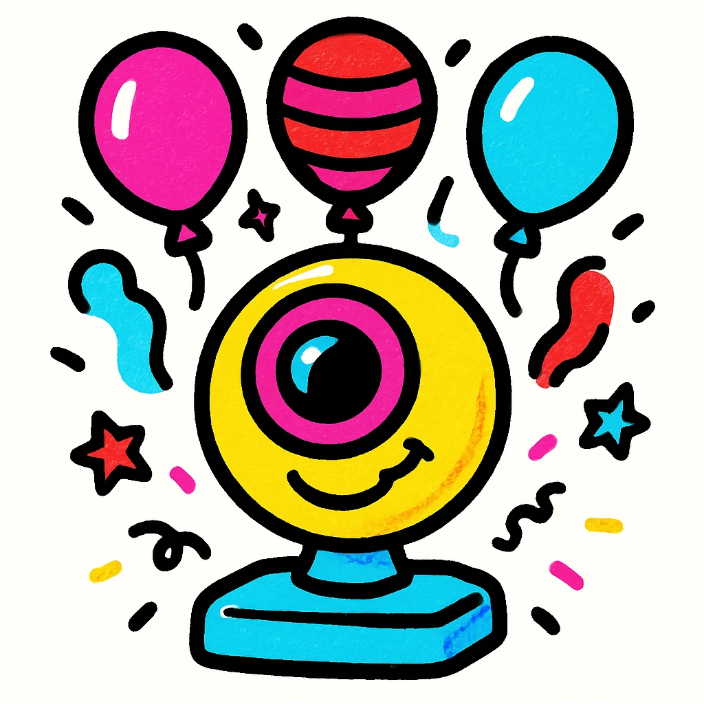 webcam with red, white, and blue balloons, confetti, happy expression, 4th of July theme, colorful and festive style emoji