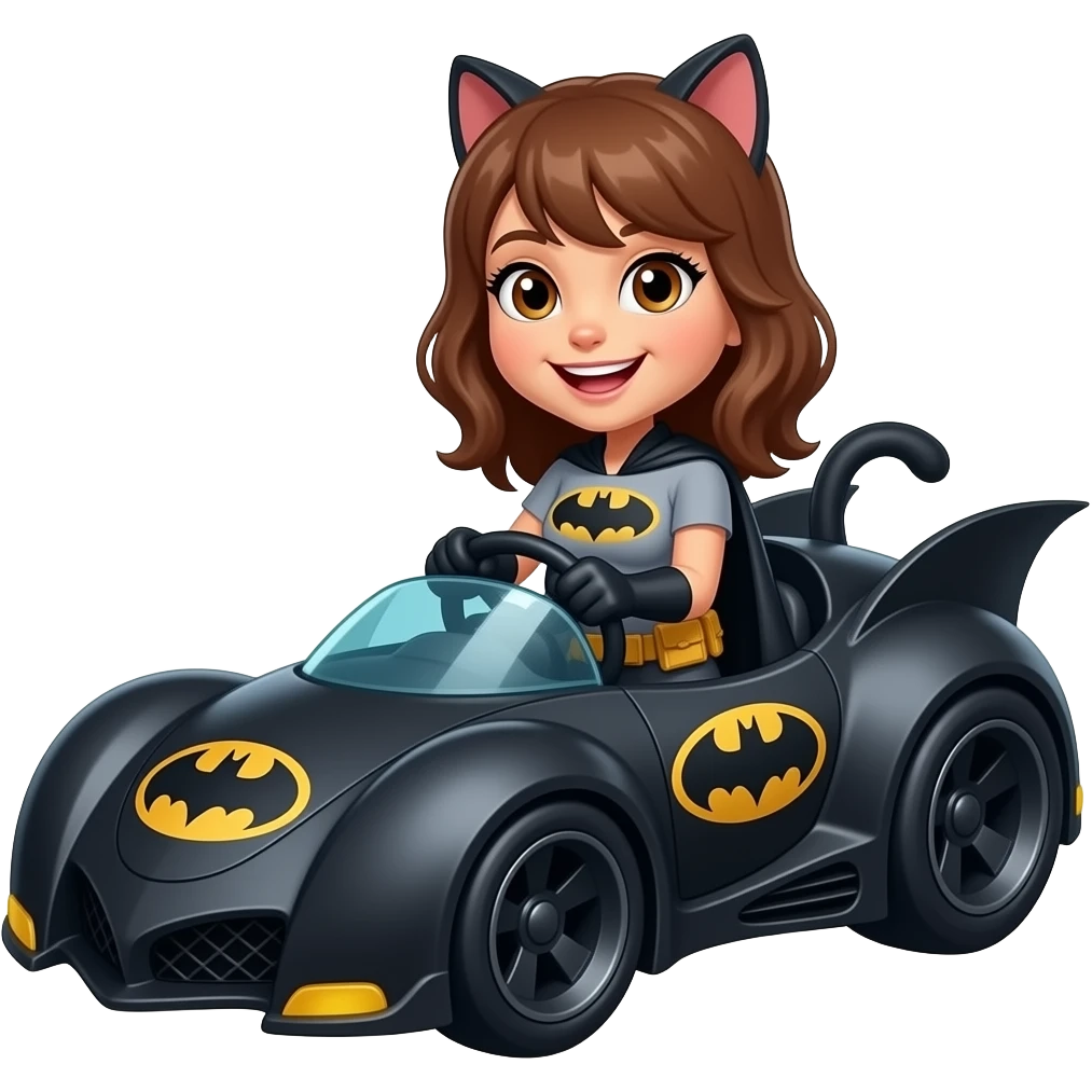 mulher gato com cabelos e olhos castanhos sorrindo dirigindo o carro batmóvel emoji