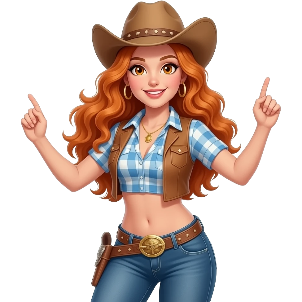 sexy girl with long curvy ginger hair and ginger eyes wearing cowboy clothes is dancing line dance emoji