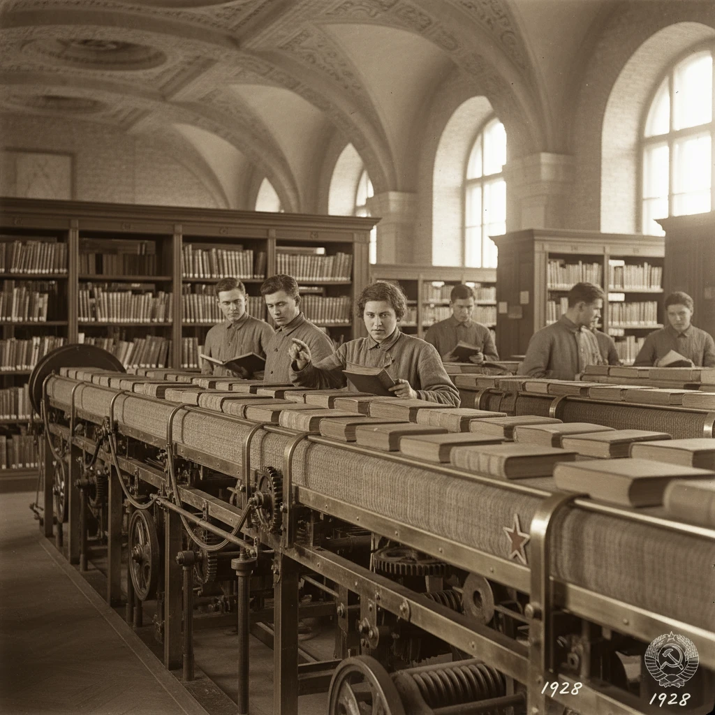 Книги едут по специальной механизированной ленте в библиотеке СССР 1920-е годы

Стиль - архивные цветные фотодокументы emoji