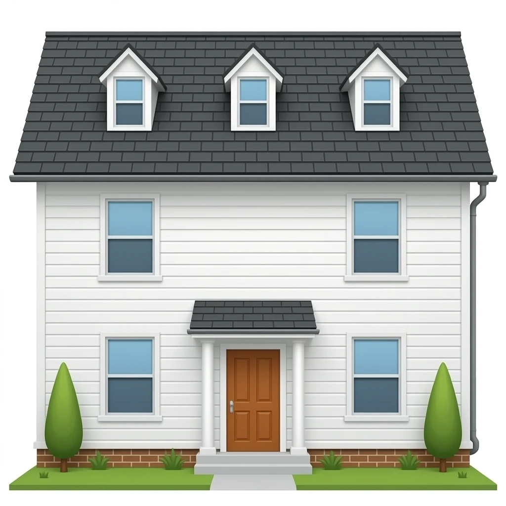 a 2-story white house with a black-grey roof and each floor has 2 windows on the right and left emoji