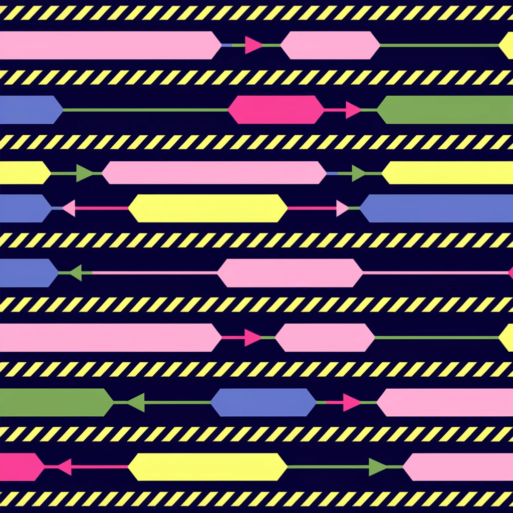a graphic design wallpaper with various sizes of brightly colored glitchy oblong rectangles, various repeating stylized arrows, and caution bars stripes - neobrutalist glitchpunk linear, perfect angles, SPARSE MINIMALISM emoji