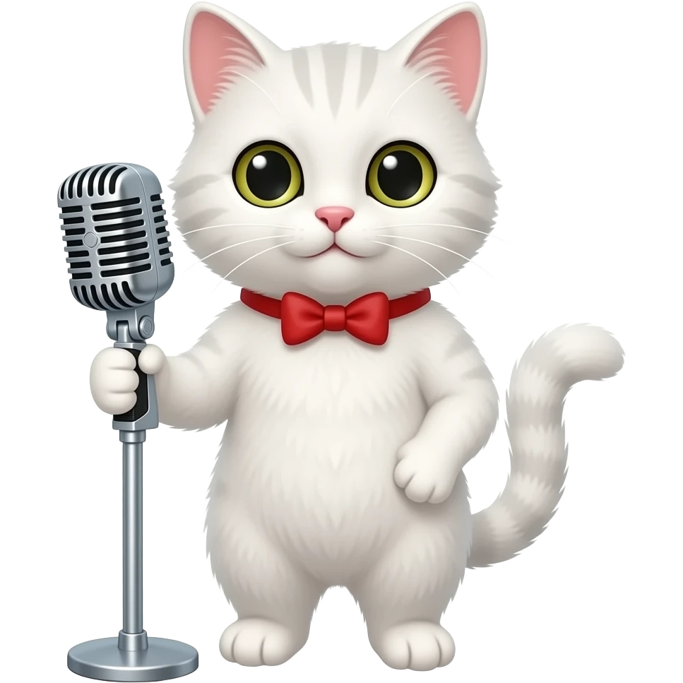 white stylish cat holding microphone with one hand emoji