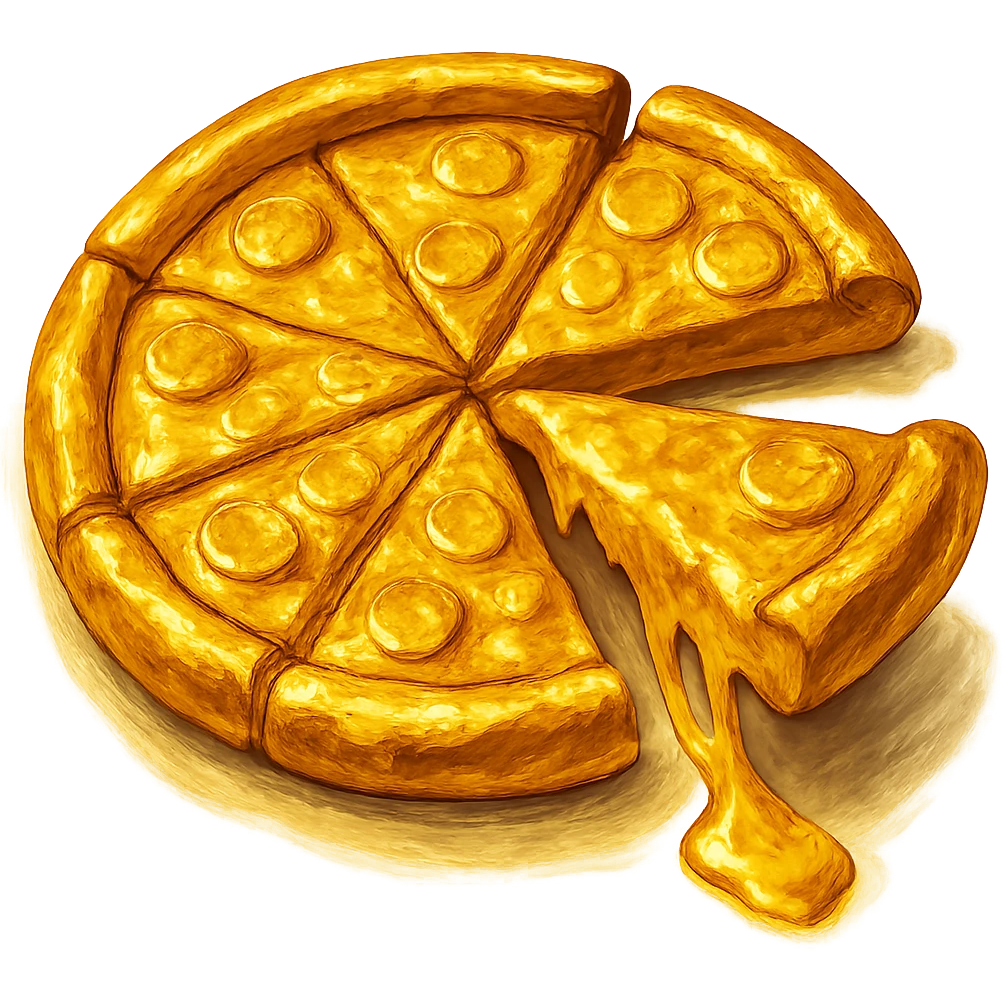 В cлегка рисованной, но при этом объемной и яркой стилистике сгенерируй картинку золотой пиццы, разделенной на кусочки, где один кусок вылезает в сторону. Пицца должна быть не желтой, а реально золотой, прозрачный фон emoji