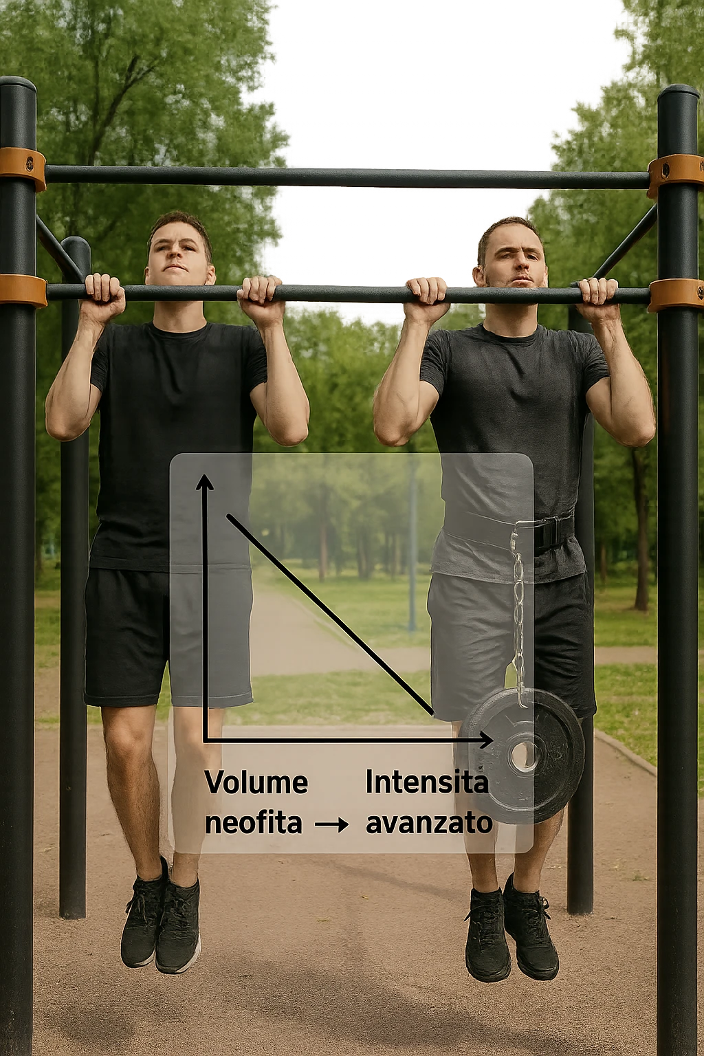 Due atleti fianco a fianco in un parco attrezzato: a sinistra il neofita che fa 10 trazioni leggere con concentrazione, a destra l’atleta avanzato con cintura zavorrata che fa 3 ripetizioni lente e pesanti. Tra loro, grafico sospeso in aria che mostra: 'Volume → neofita | Intensità → avanzato'. Stile realistico con elementi educativi visivi in italiano emoji