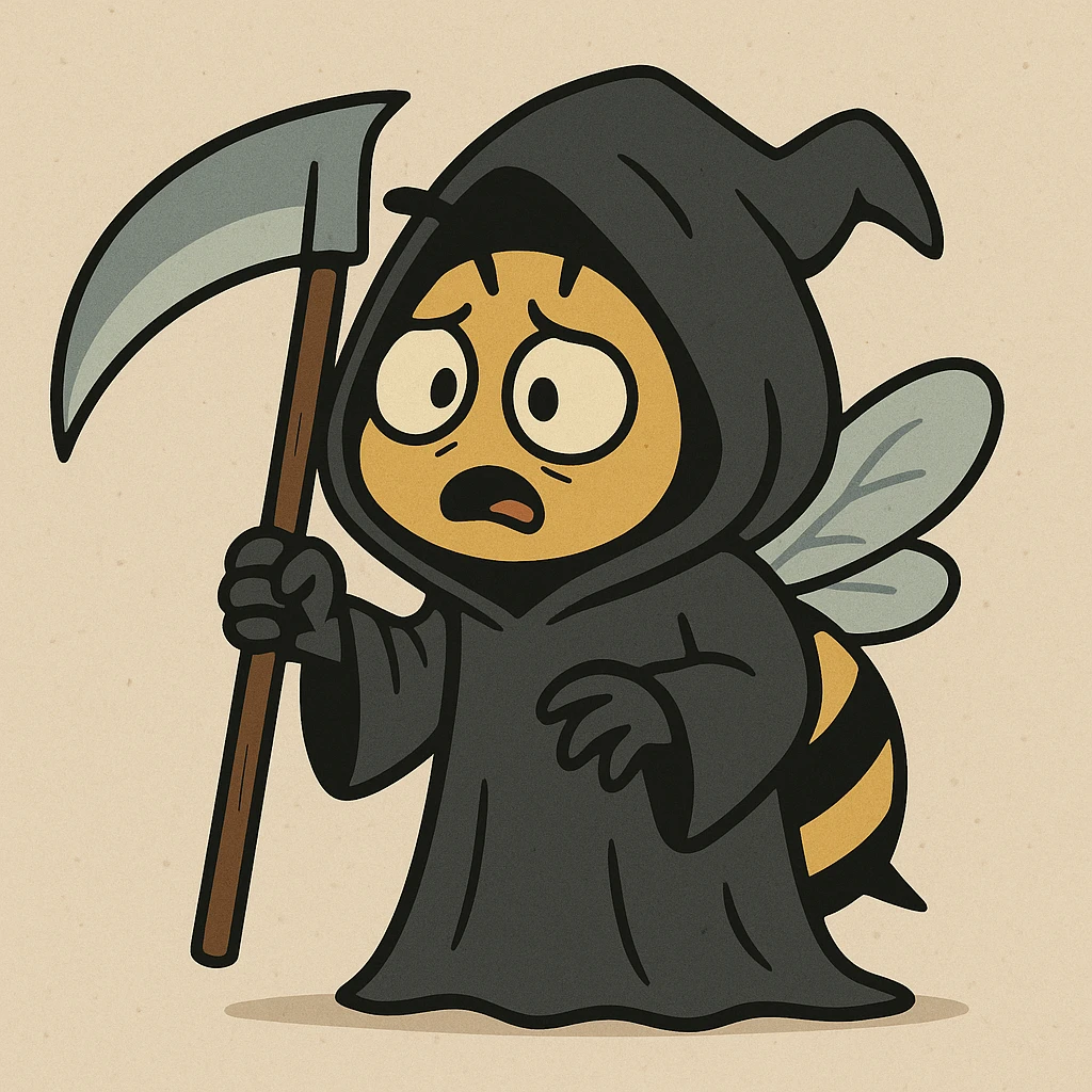 cartoon bee as a spooky grim reaper, with a black hood and tiny wings emoji
