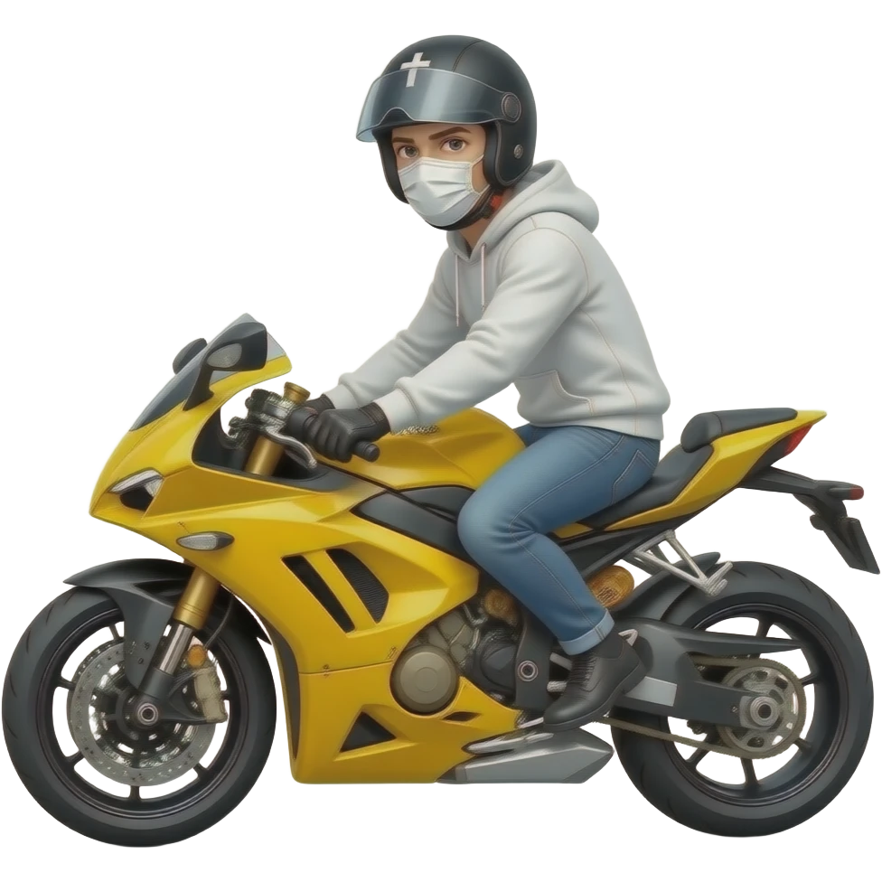 man wearing blue jeans, a white hoodie, black black gloves, a white crosshelmet with a dark eyes shield and a white mask on a yellow cross motorcycle emoji