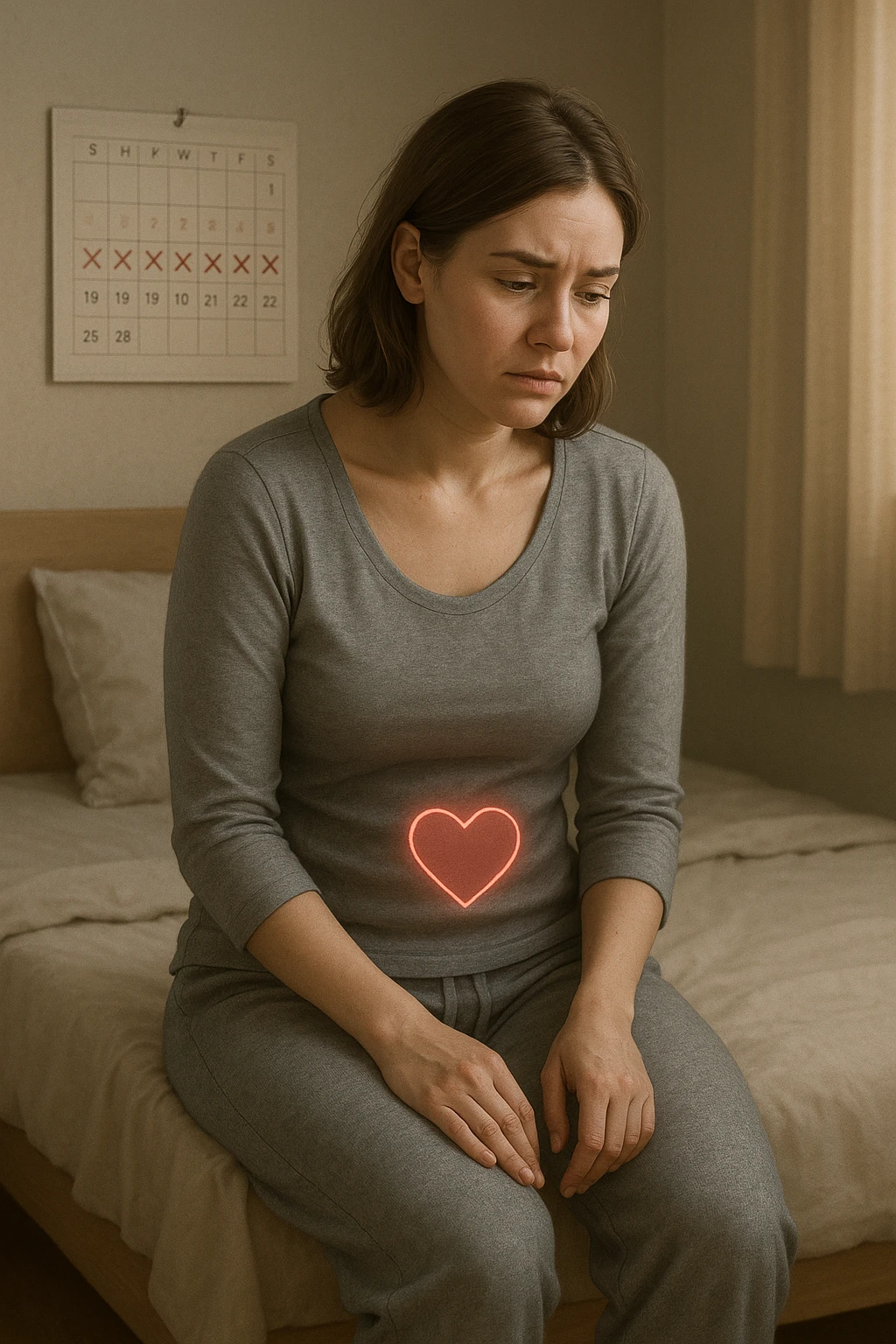 3D realistic medical illustration: a young woman in her 20s or 30s sits on the edge of a bed in a softly lit bedroom, looking thoughtful and slightly concerned. She wears comfortable loungewear, her posture is slouched, and her expression is subdued. Subtle visual cues—such as a faded calendar with missed menstrual cycles and a dimmed heart or energy icon near her abdomen—symbolize low libido and amenorrhea. The scene is realistic, intimate, and empathetic. emoji