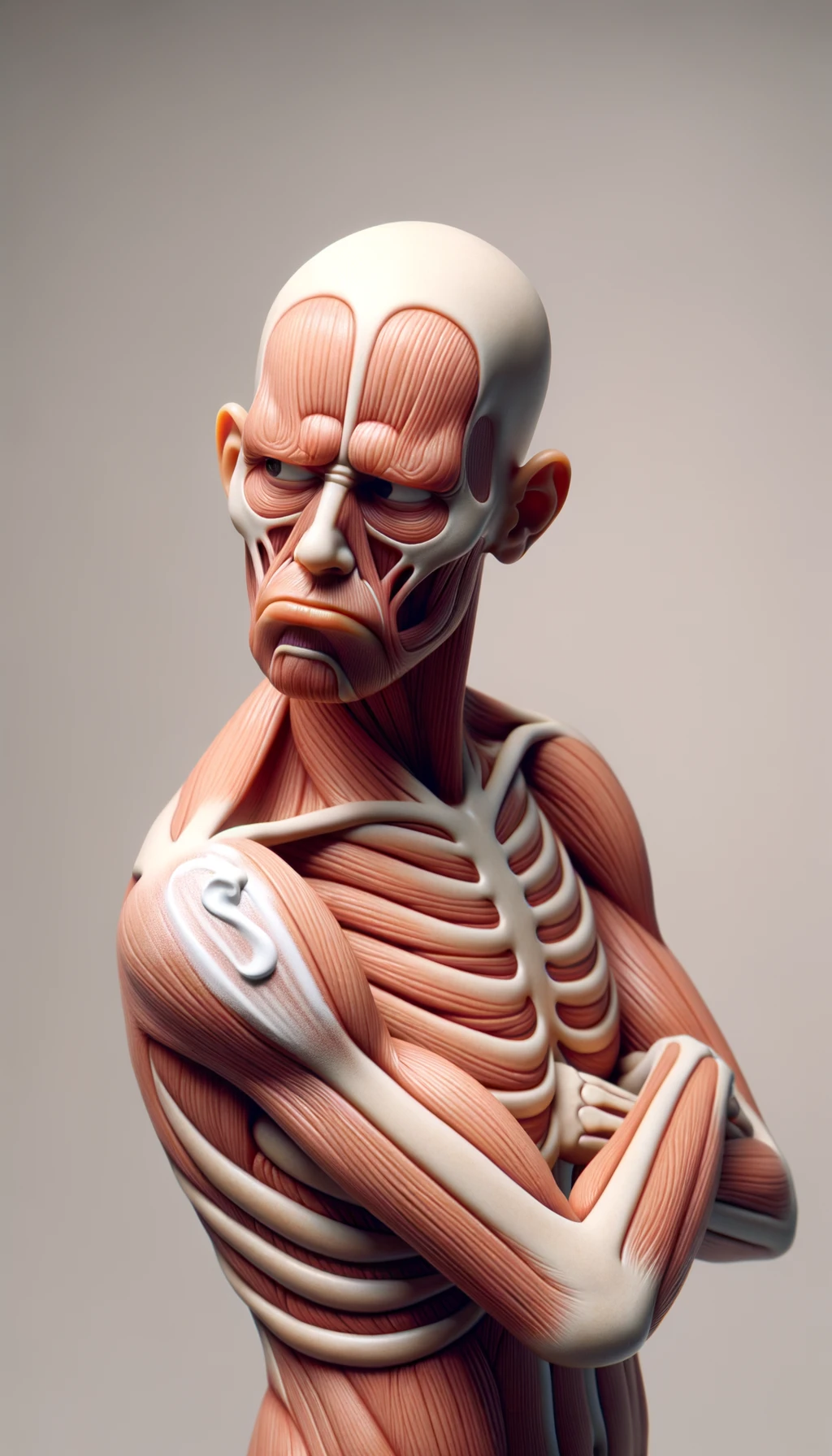 corpo umano anatomico cON UNA CREMA SUL BRACCIO PER PROTEGGERSI DAL SOLE, CON ESPRESSIONE DUBBIOSA IN VOLTO, sfondo neutro chiaro emoji