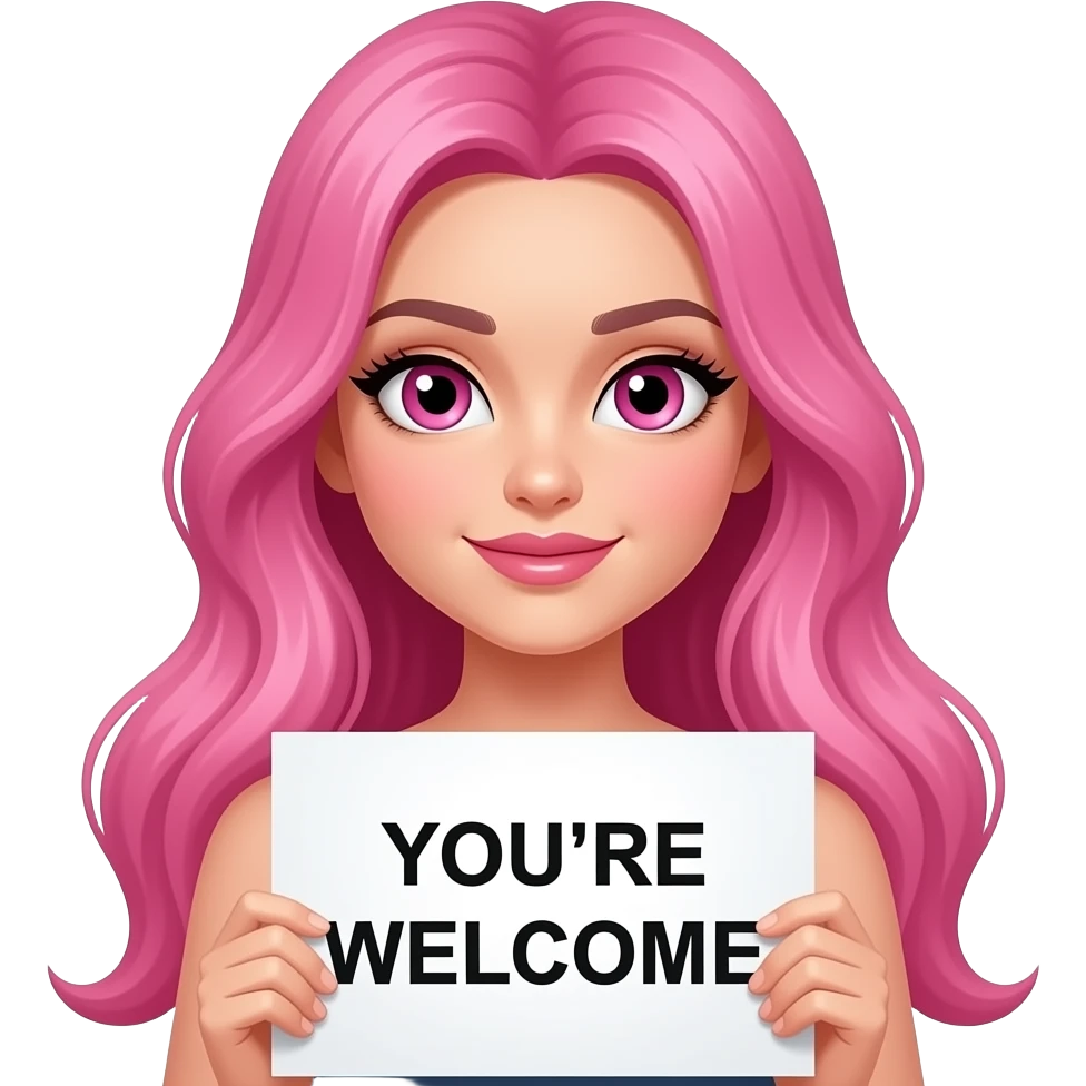 sexy girl with long pink hair and pink eyes holding a YOU'RE WELCOME sign emoji