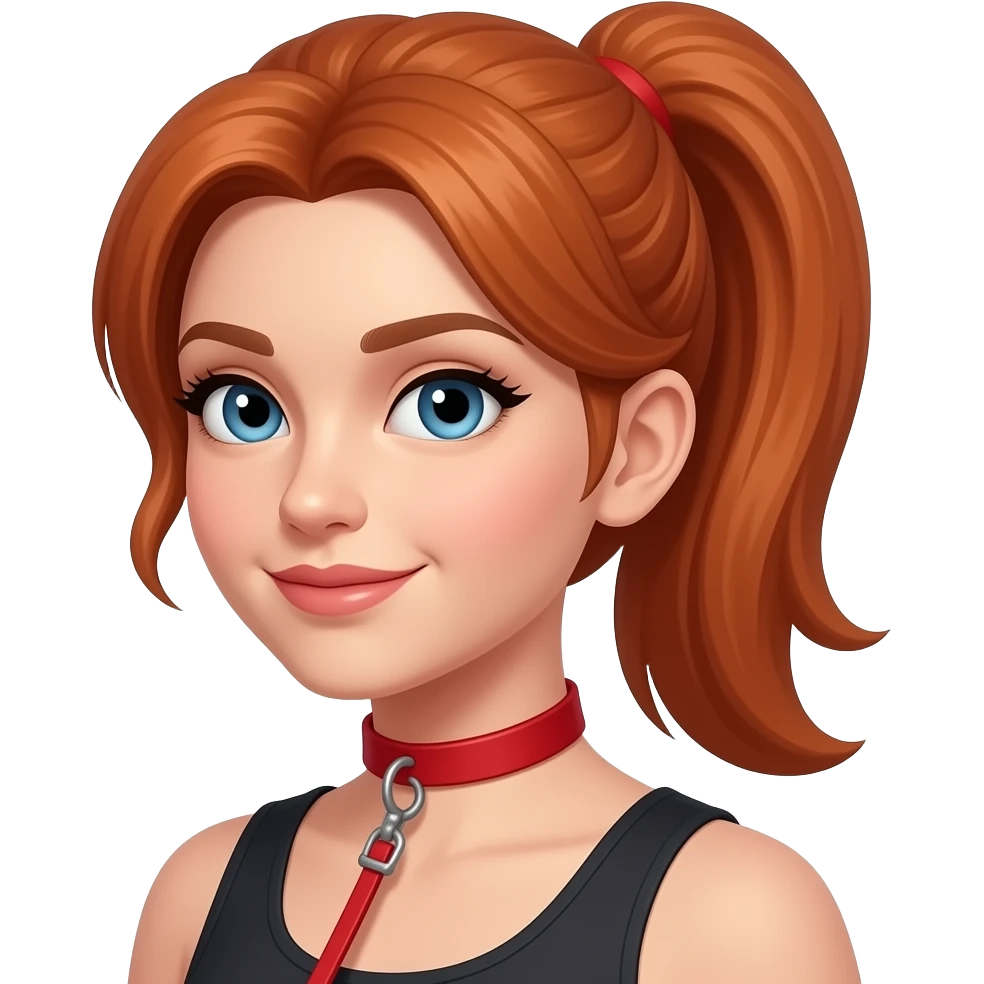 red hair in ponytail blue eyed woman in red collar and leash emoji