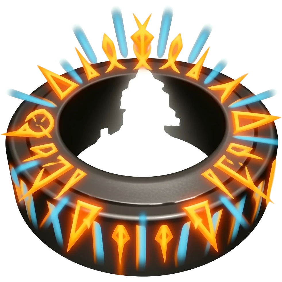 Black ring with glowing orange and blue runes emitting orange glow emoji