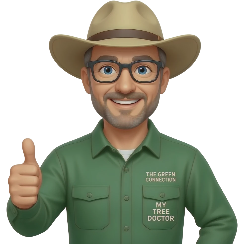 wide-smiling middle-aged man blue eyes, WITHOUT a beard. Dark rectangle glasses, green-collared, long-sleeve shirt, thumbs up.  Wide-brim Australian Akubru hat.  Insert 'THE GREEN CONNECTION' in white directly onto the right side pocket & 'MY TREE DOCTOR' onto the left side pocket emoji