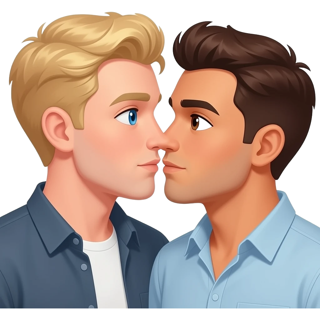 Make a gay couple on a Date , one has light Skin with Blond Hair and Blue Eyes, the other one has slightly brown skin witz dark Brown Hair and Brown Eyes. They are having sex. emoji