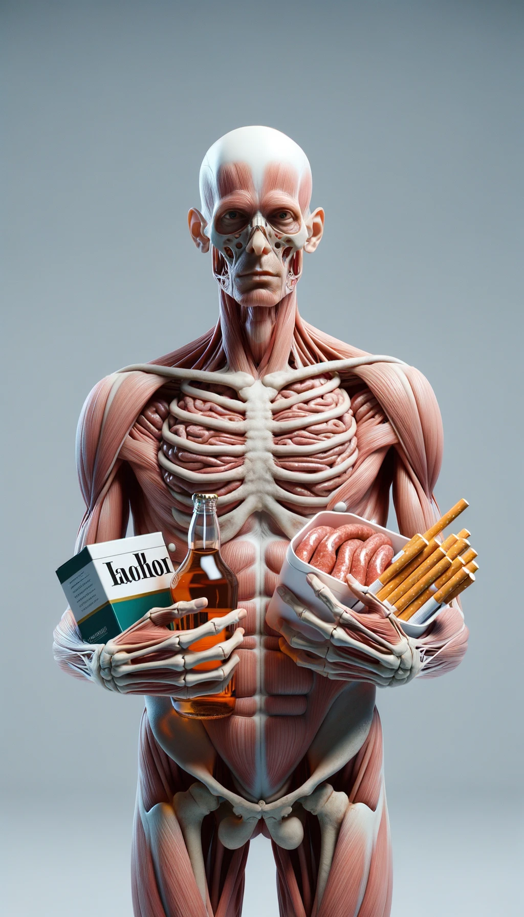 CORPO UMANO ANATOMICO CHE TRA LE BRACCIA SIGARETTE, ALCOL E WURSTEL CONFEZIONATI, LI GUARDA CON ESPRESSIONE INDECISA IN VOLTO, NEUTRAL CLEAR BACKGROUND, iperrealistico 4k emoji