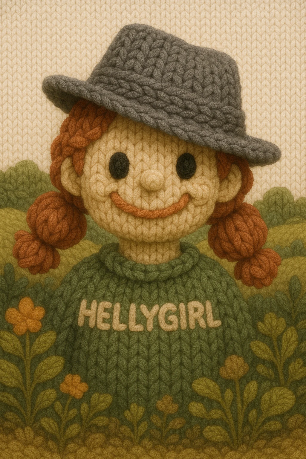Hello I am Hellygirl with a tilted gray fedora, playful smile, lush scenery, ghibli style emoji