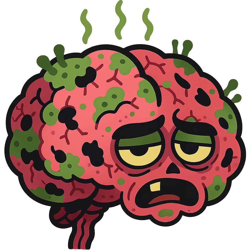 cartoon brain that is visibly rotten, with mold, decay, and holes, expressive and surreal emoji