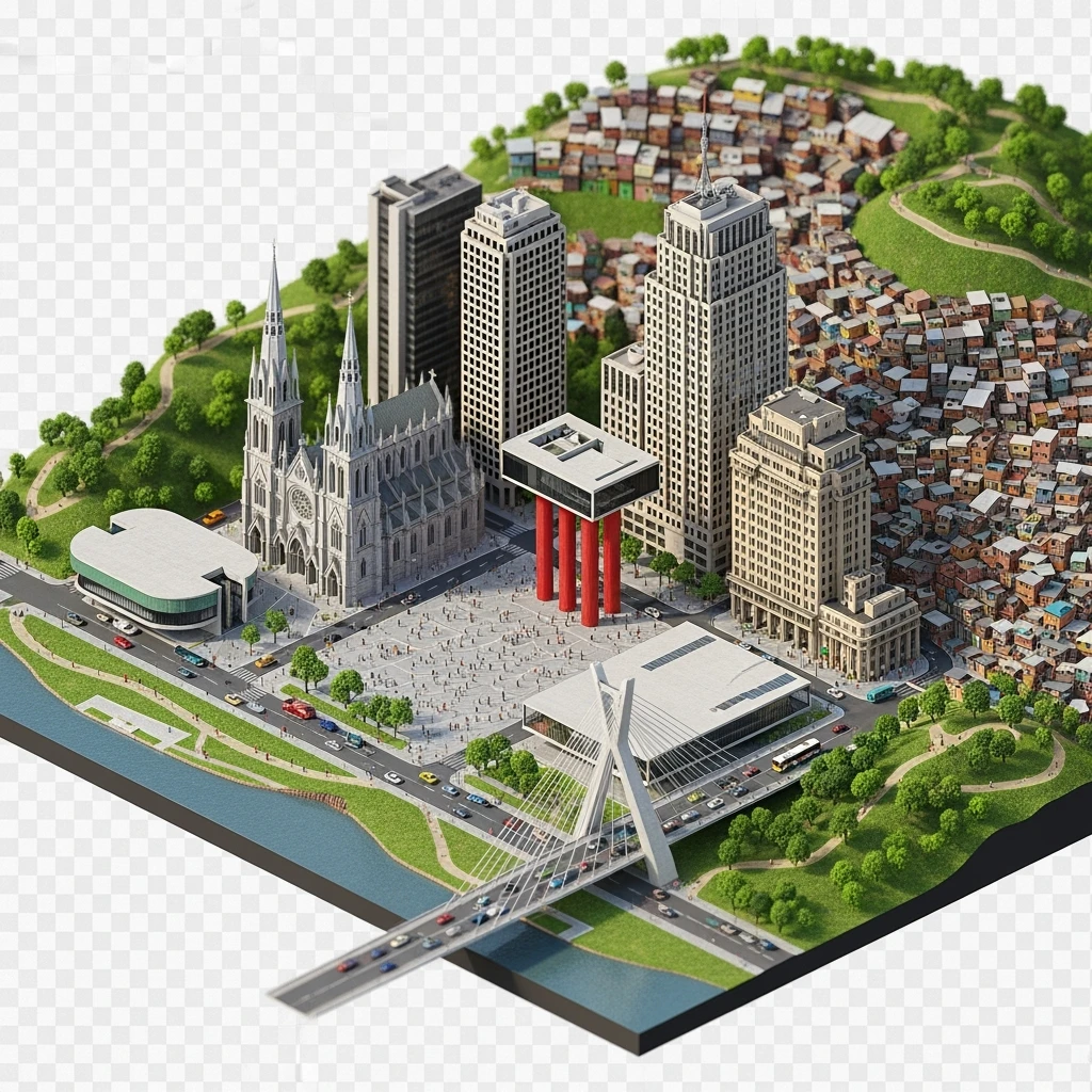 Isometric miniature of São Paulo Catedral da Sé, MASP on red pillars, Octávio Frias Bridge, and Altino Arantes building, favelas on hillsides, dense chaotic urban blocks, and green parks 3D miniature effect and Tilt Shift effect, no cartoonish look, transparent background. emoji