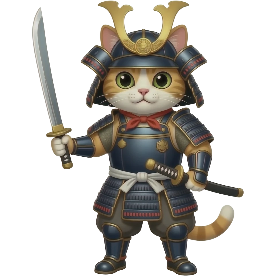 Кіт самурай в японських обладунках з мечем в повний зріст, він людиноподібний emoji
