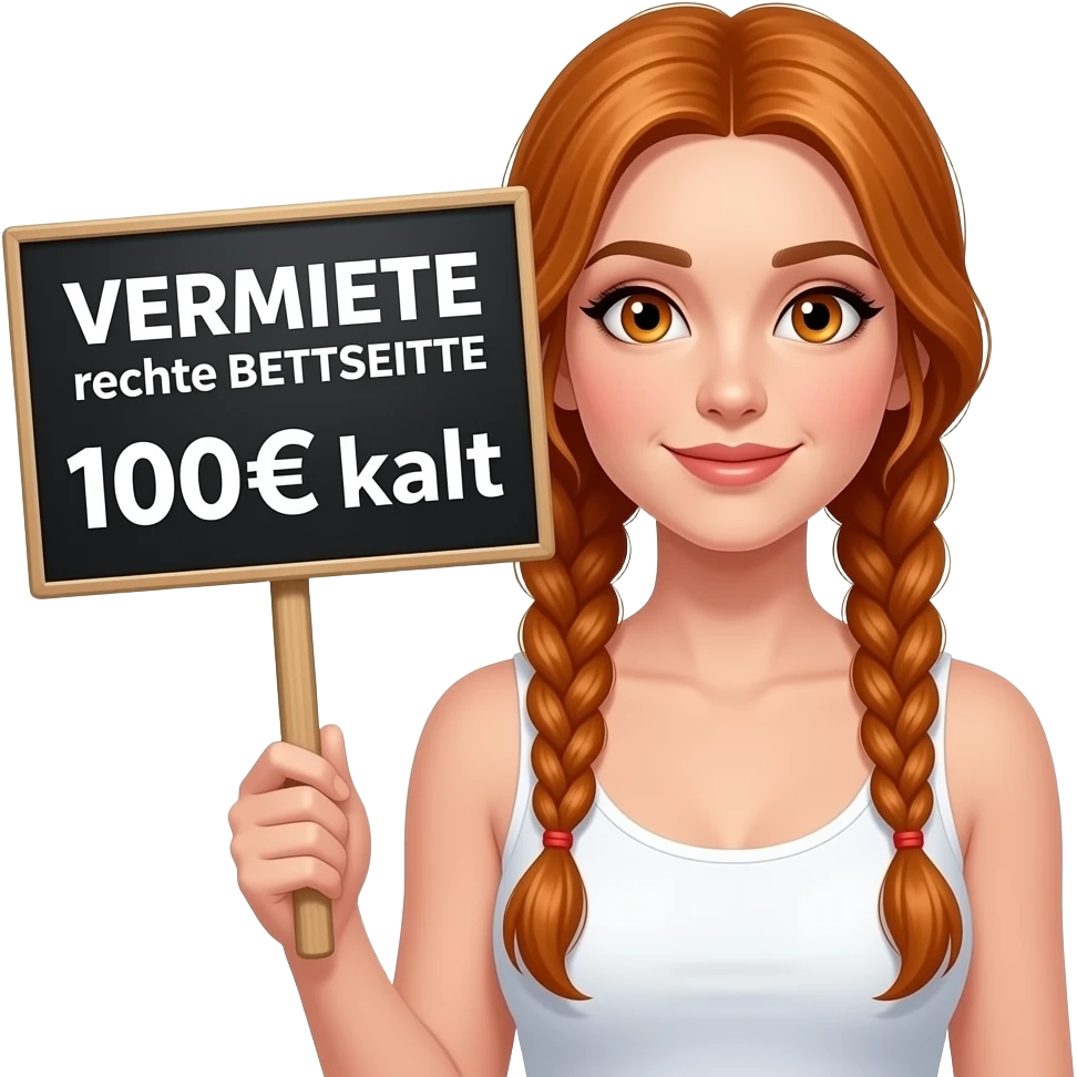sexy girl with long ginger braids and ginger eyes wearing a white tanktop is holding a black sign with VERMIETE rechte BETTSEITTE 100€ kalt written on it emoji