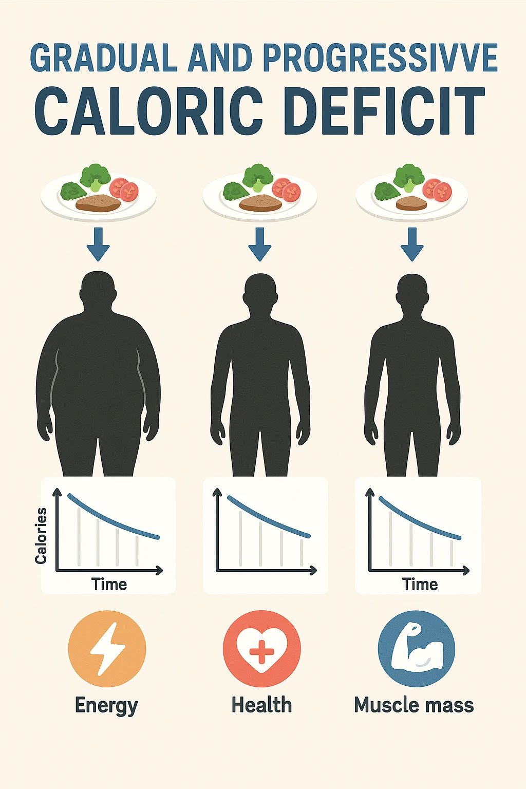 una sequenza di tre sagome umane affiancate, ognuna rappresenta una fase diversa di perdita di peso graduale. Sopra ogni figura, un piatto mostra porzioni di cibo bilanciate ma leggermente ridotte. Frecce e grafici illustrano una diminuzione lenta e costante dell’apporto calorico giornaliero, con icone che rappresentano energia, salute e mantenimento della massa muscolare. Sfondo pulito e moderno, con etichette chiare che spiegano “deficit calorico graduale e progressivo” emoji