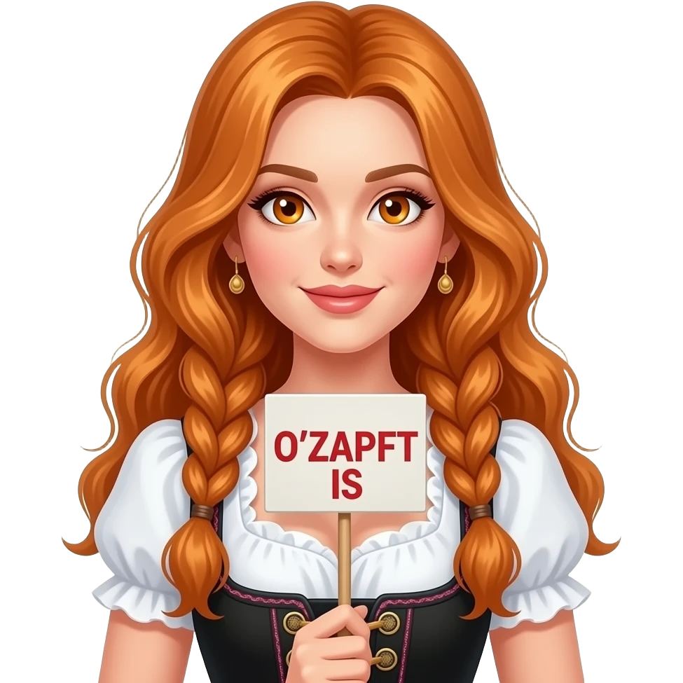 sexy girl with long wavy ginger braids and ginger eyes wearing a dirndl is holding a sign with O'ZAPFT IS written on it emoji