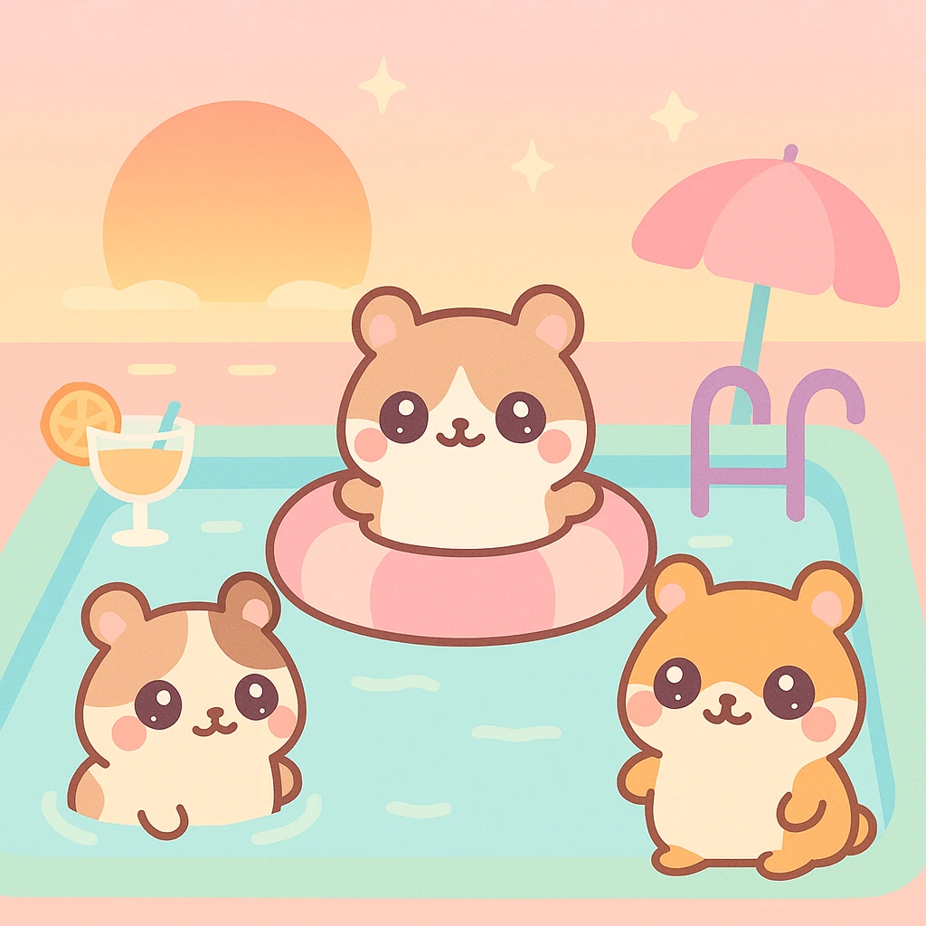 square colorful pool party scene at sunset with up to 3 kawaii hamsters, weed leaves, cheese, and THC theme, extra vibrant, nostalgic, fun, inviting, summer party vibe, clear composition, no disco ball emoji