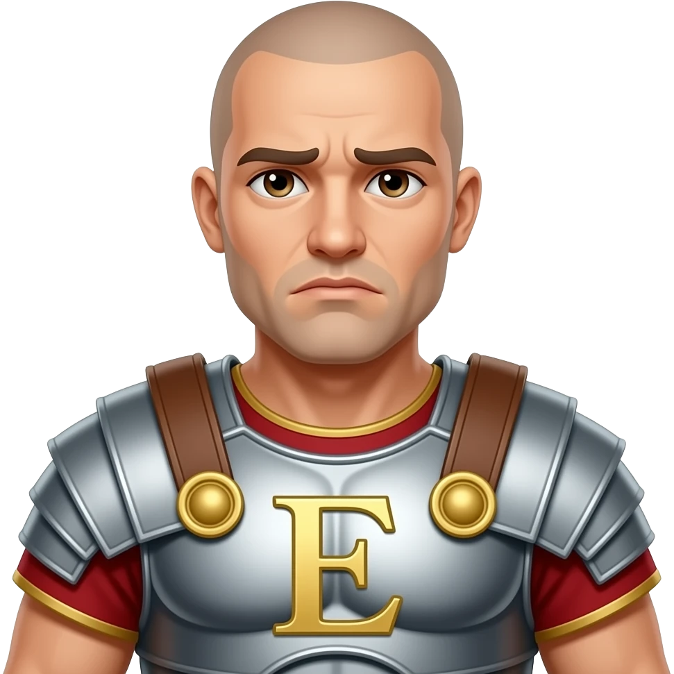 Muscular Roman soldier bald brown eyes sad face letter E on breast plate emoji