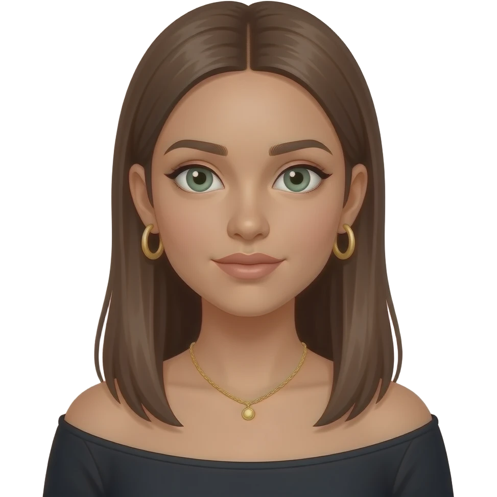 17 year old girl with straight very long medium brown hair, green-grey eyes, tan skin, gold hoop earrings, dainty gold necklace, wearing a black top that covers the collar bones emoji