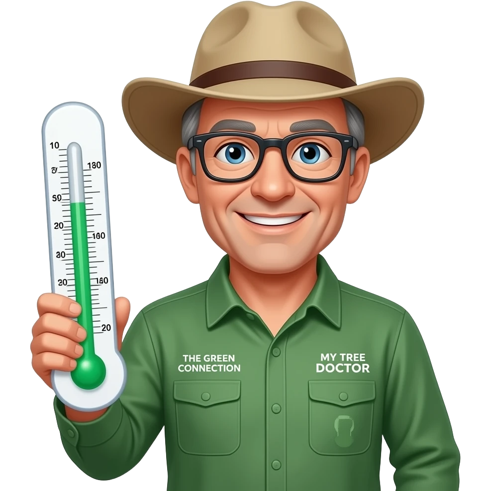 Smiling middle-aged man blue eyes. Dark rectangle glasses, in green-collared, long-sleeve shirt.  Flatter wider-brim Australian Akubru hat. Holding a large thermometre. Insert 'THE GREEN CONNECTION' in white directly onto the left pocket & onto the right pocket, place only the words 'MY TREE DOCTOR' emoji