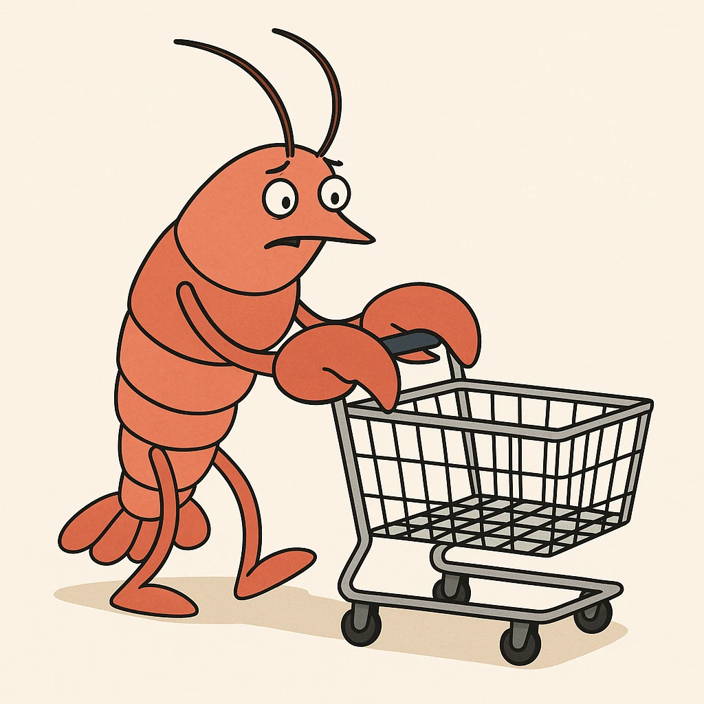 lobster pushing a shopping cart, white background emoji