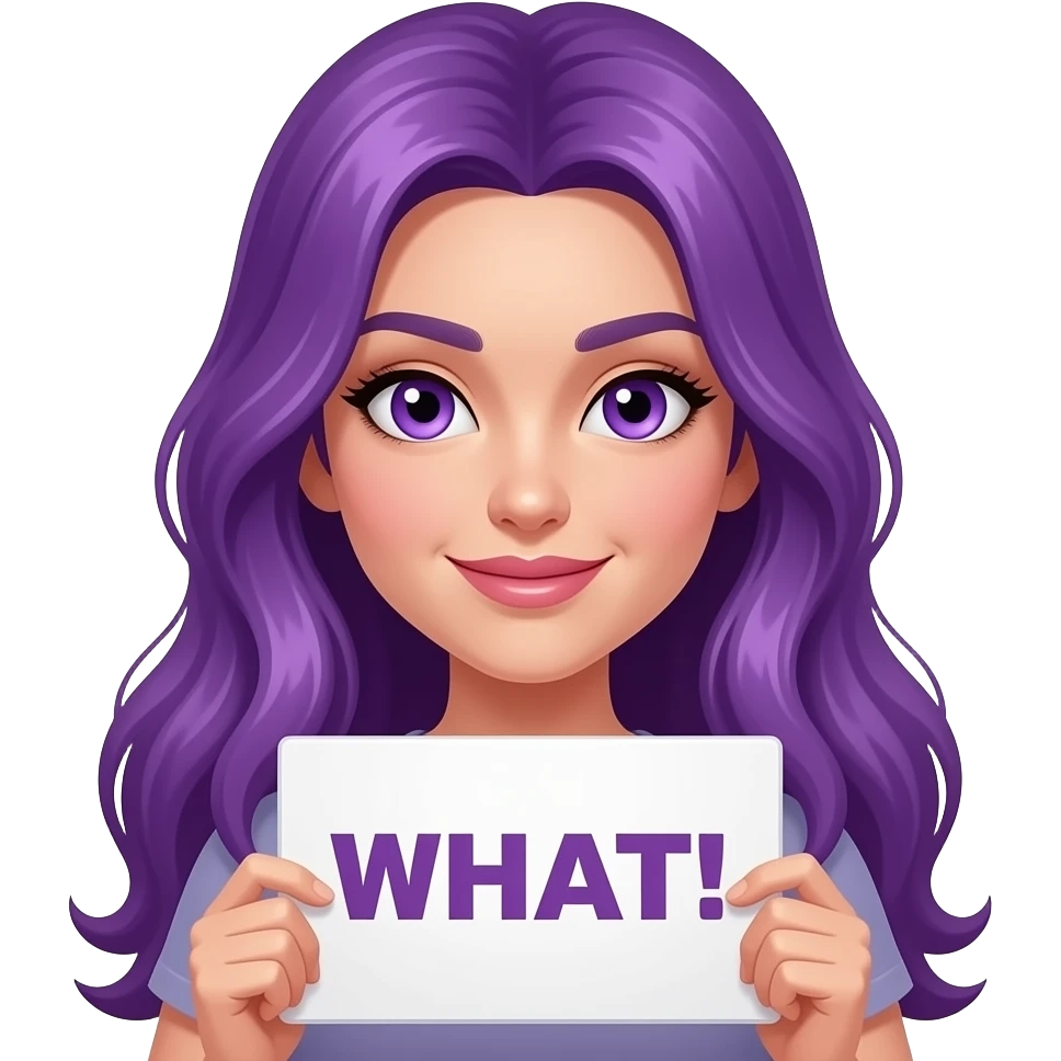sexy girl with long purple hair and purple eyes holding a WHAT! sign emoji