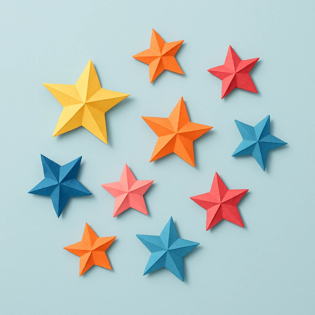 origami paper stars, scattered arrangement, gentle shadows, light blue background emoji