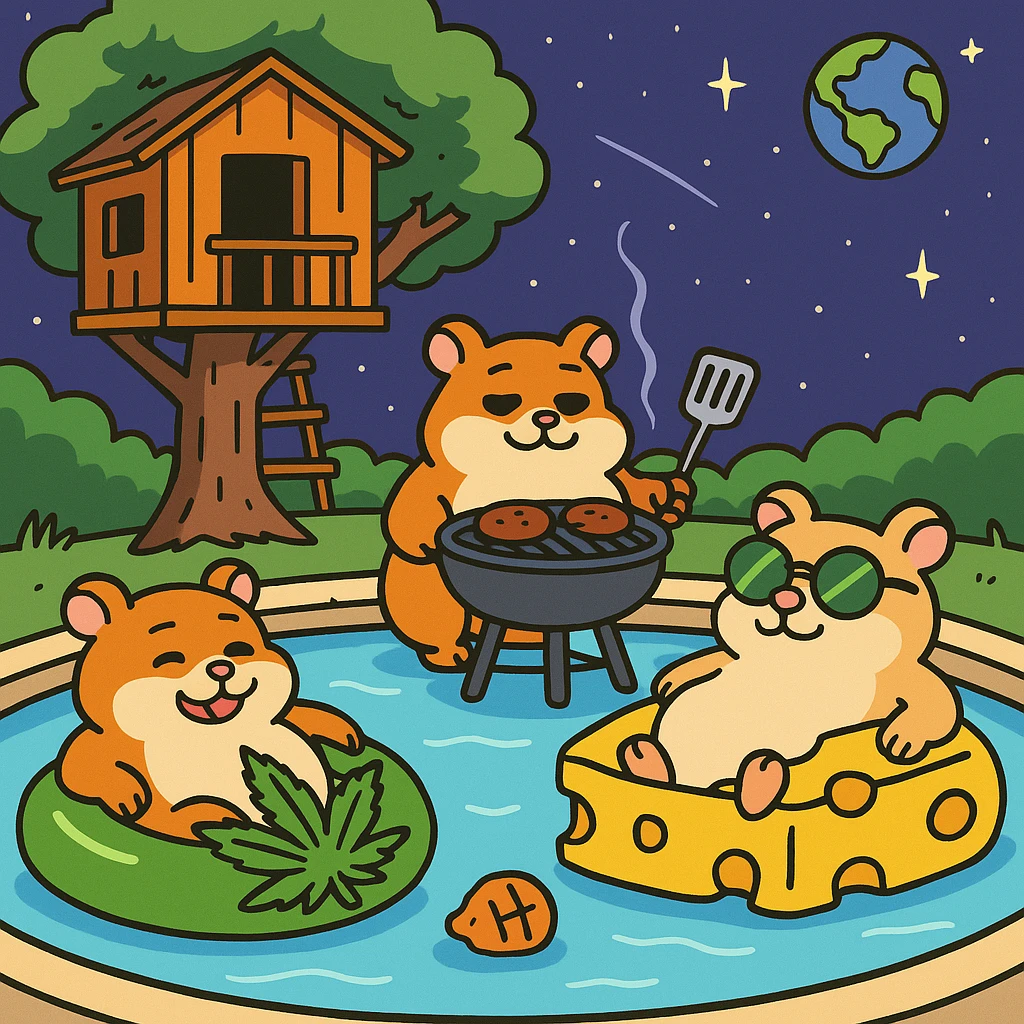 Discord server icon, 512x512 px, square format, summer pool cookout scene with up to 3 hamsters floating on pool toys, weed leaf, cheese, and THC theme, near a treehouse, in space. Flat toon style, more saturated colors, bold outlines, nostalgic, fun, inviting, summer party vibe, clear composition, crisp details, designed to look good even at tiny size. emoji