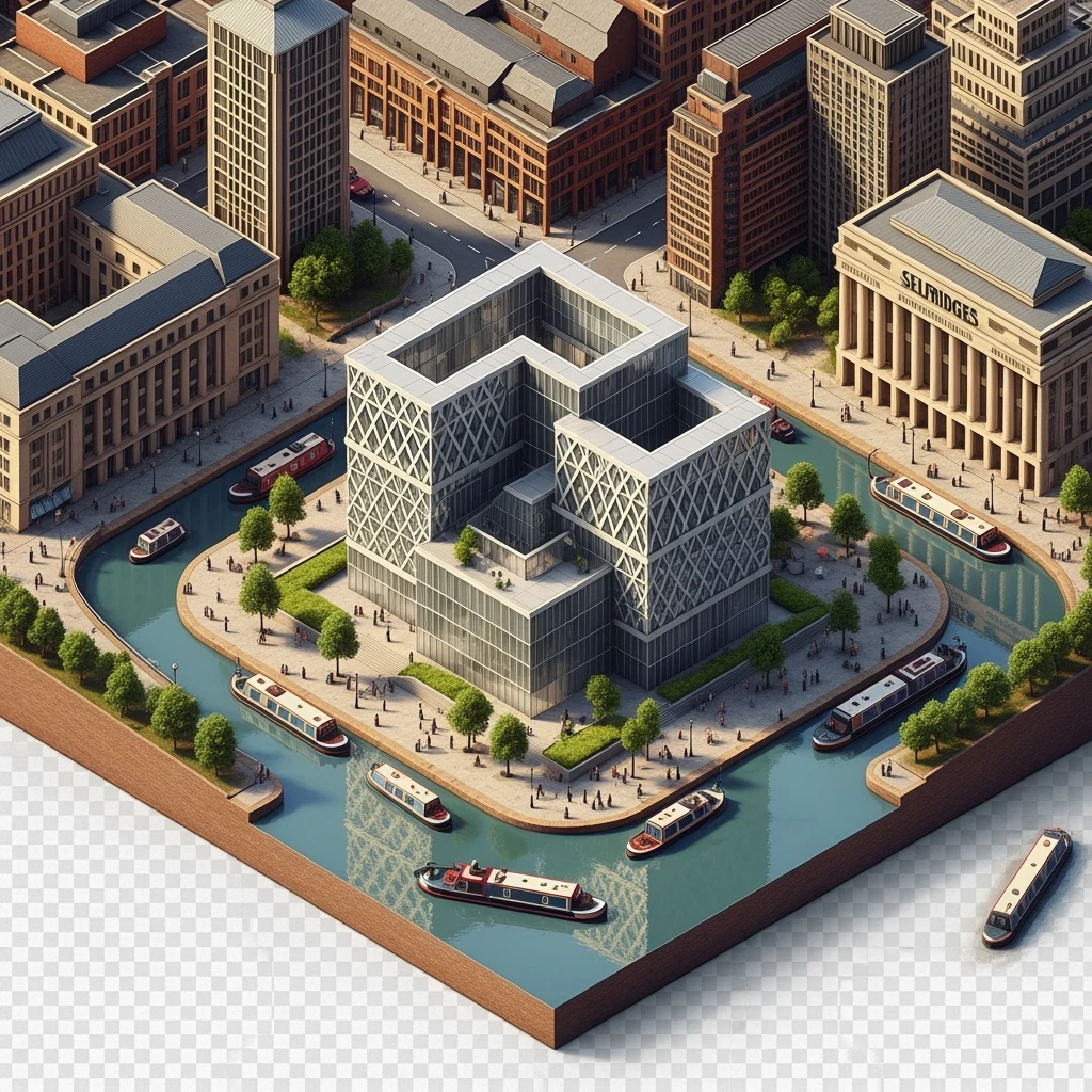 Isometric illustration of Birmingham, featuring the Library of Birmingham with its modern architecture and nearby canals, highly detailed in semi-realistic style, balanced between stylized and realistic, 3D miniature effect, transparent background. emoji