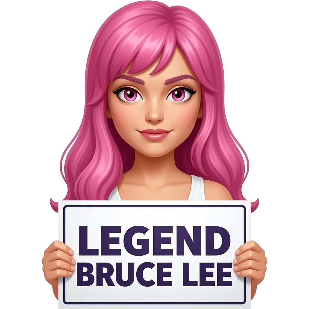 sexy girl with long pink hair and pink eyes holding LEGEND BRUCE LEE sign emoji