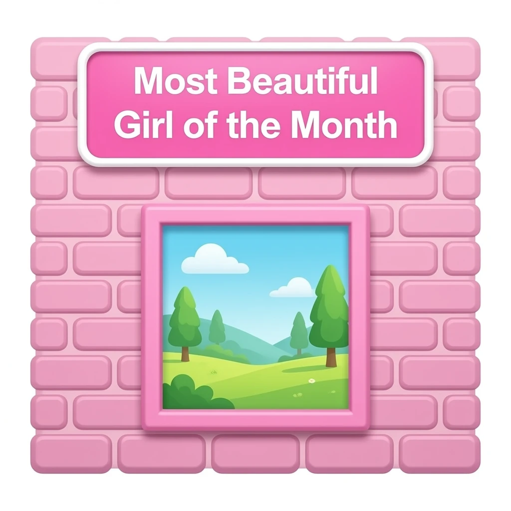 A pastel brick wall  with a cute decorative photo frame in the center, above the frame there is a sign that says “Most Beautiful Girl of the Month inspired by barbie colour palette emoji